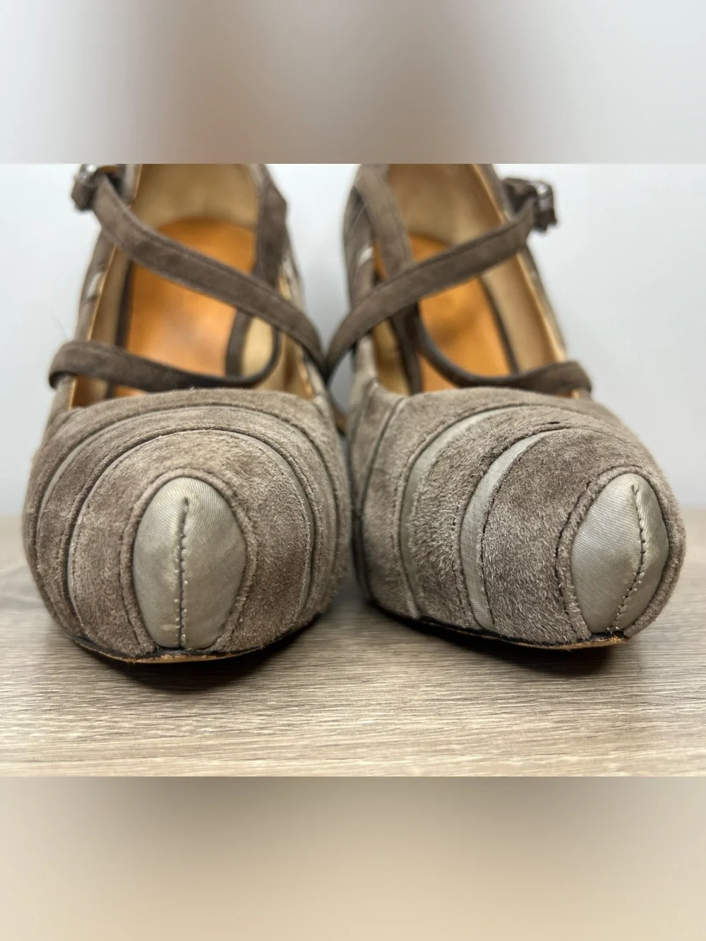 L.A.M.B. Gwen Stefani Taupe Suede & Satin Striped Mary Jane Pumps Size 7.5M